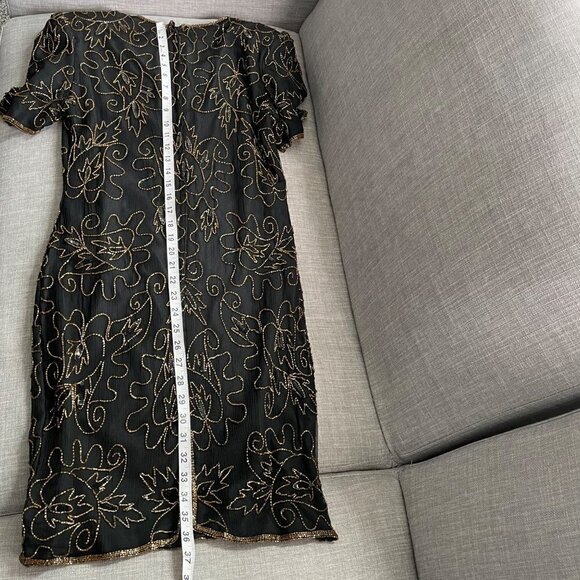 Vintage J.M.C. Black Silk Beaded Sequined V-Neck Cocktail Dress Women's Size PM - Picture 9 of 9
